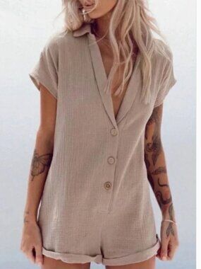 Princess Polly Taupe /Tan Gauze Short Sleeve Romper button front size 4